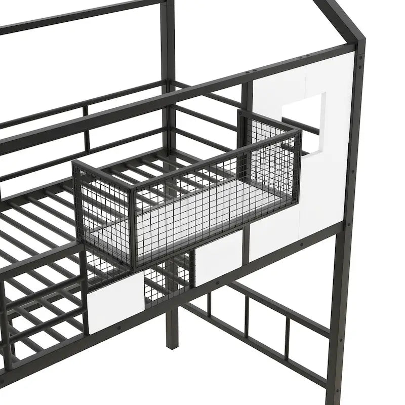 Lit mezzanine en métal avec toit et boîte de rangement