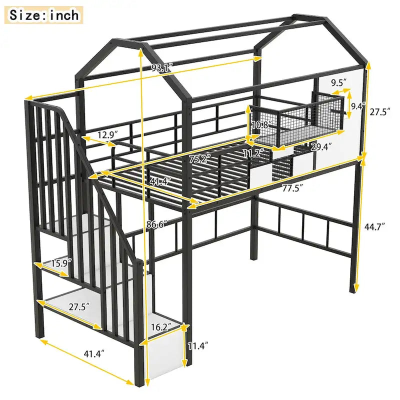 Lit mezzanine en métal avec toit et boîte de rangement