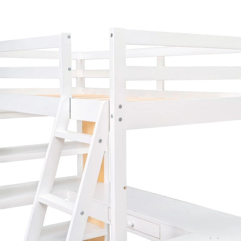 Loft Bed with Desk, Shelves, Drawer, and Ladder, Full-Length Guardrail