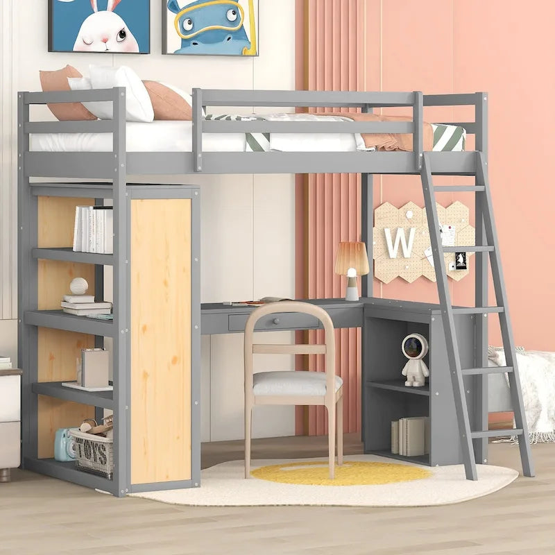 Lit mezzanine avec bureau, étagères, tiroir et échelle, garde-corps pleine longueur