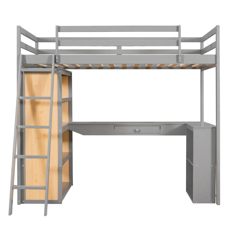 Lit mezzanine avec bureau, étagères, tiroir et échelle, garde-corps pleine longueur