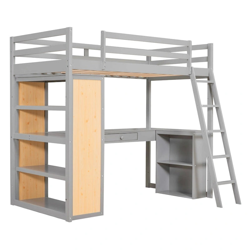Lit mezzanine avec bureau, étagères, tiroir et échelle, garde-corps pleine longueur