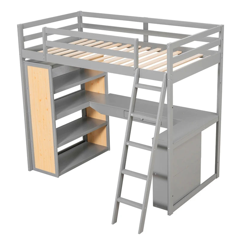 Lit mezzanine avec bureau, étagères, tiroir et échelle, garde-corps pleine longueur