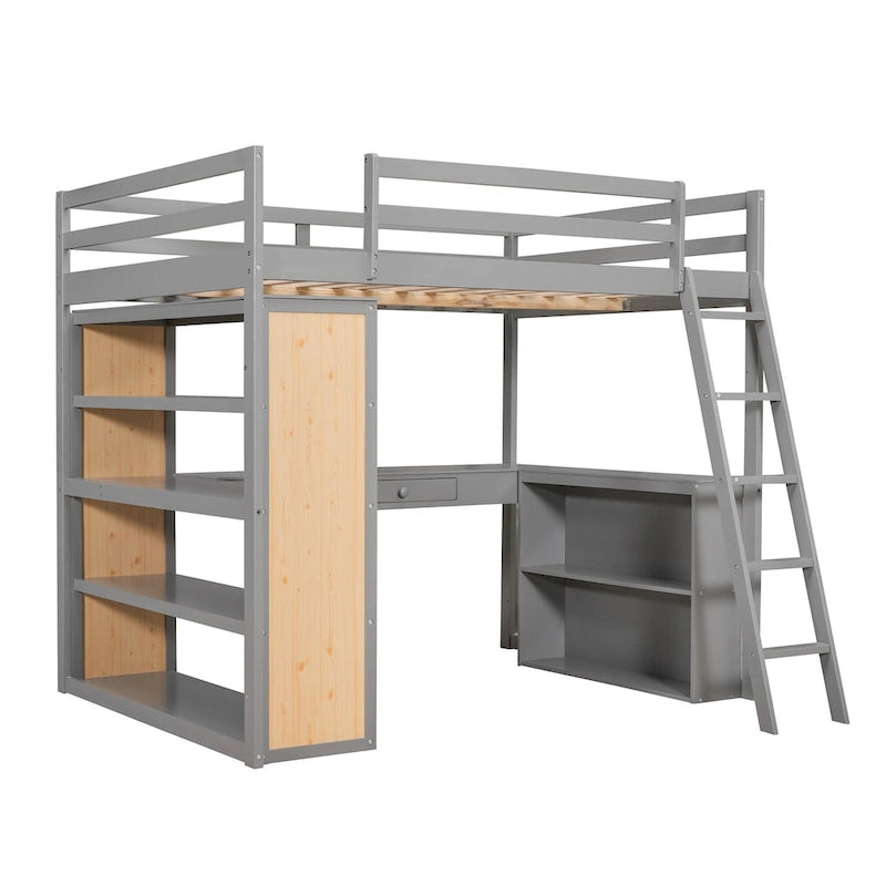 Lit mezzanine avec bureau, étagères, tiroir et échelle, garde-corps pleine longueur