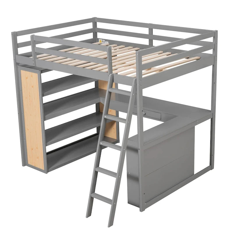 Lit mezzanine avec bureau, étagères, tiroir et échelle, garde-corps pleine longueur