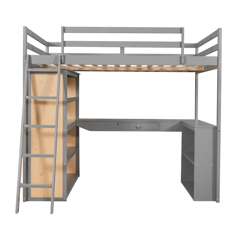 Lit mezzanine avec bureau, étagères, tiroir et échelle, garde-corps pleine longueur