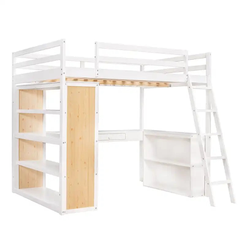 Lit mezzanine avec bureau, étagères, tiroir et échelle, garde-corps pleine longueur