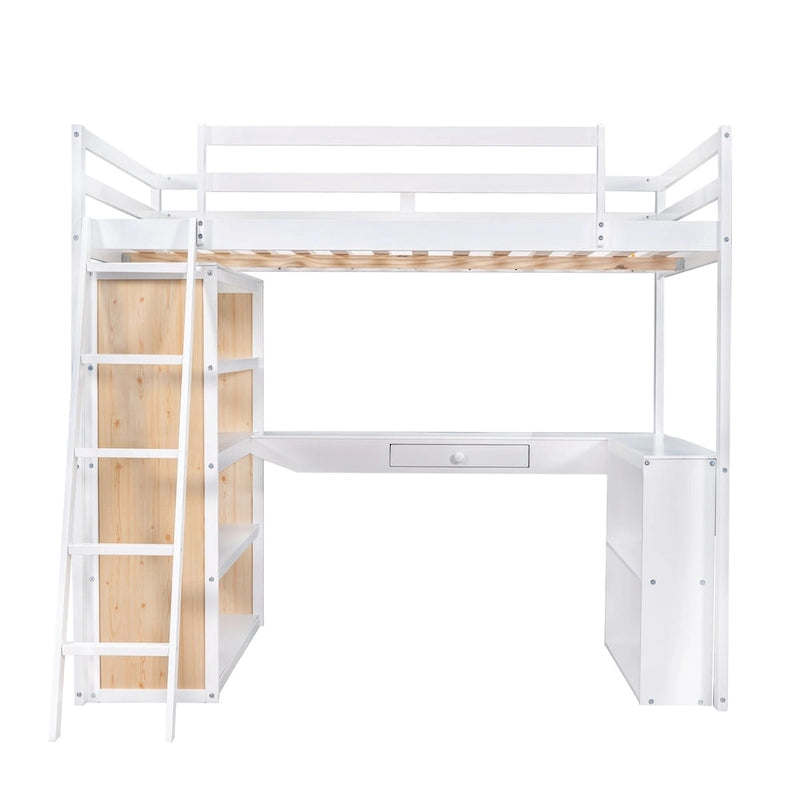 Lit mezzanine avec bureau, étagères, tiroir et échelle, garde-corps pleine longueur