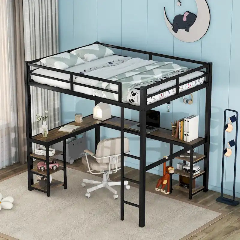 Lit mezzanine en métal avec bureau et étagères