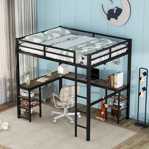 Lit mezzanine en métal avec bureau et étagères