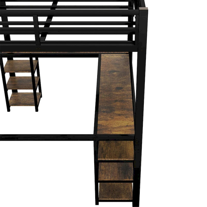 Lit mezzanine en métal avec bureau et étagères
