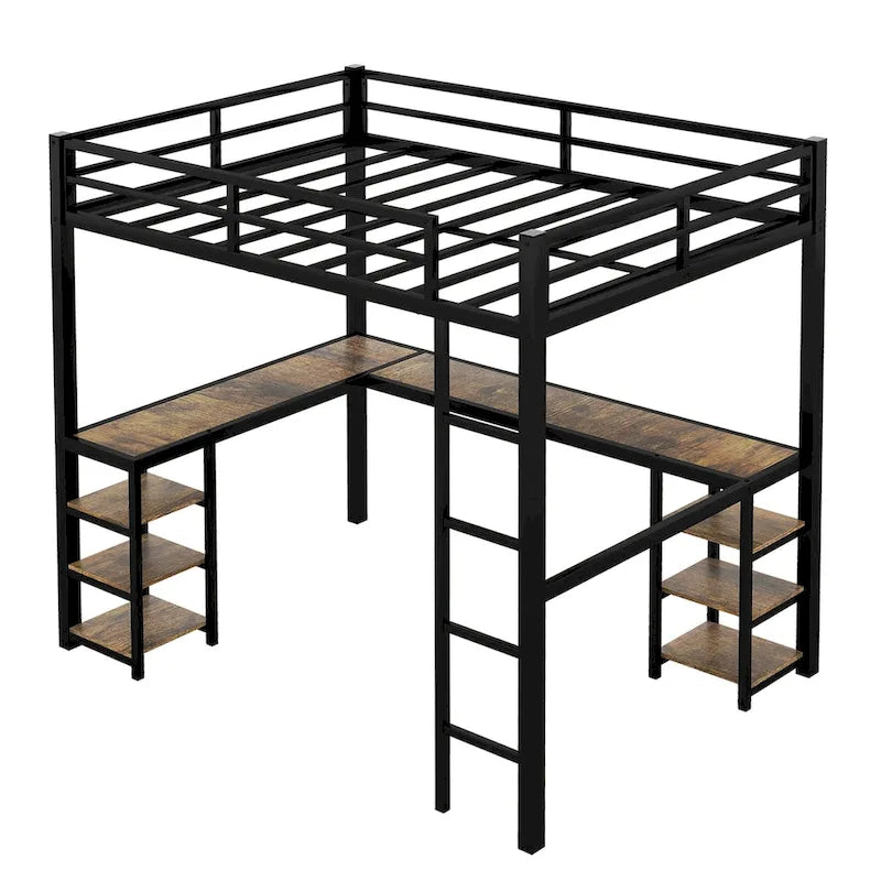 Lit mezzanine en métal avec bureau et étagères