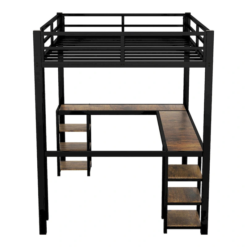 Lit mezzanine en métal avec bureau et étagères
