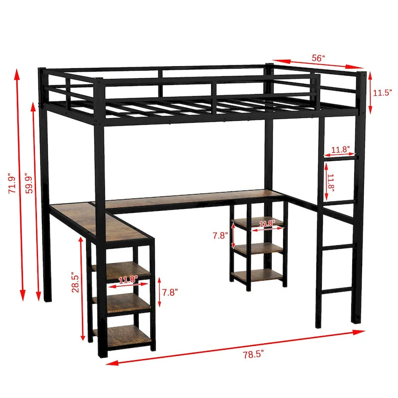 Lit mezzanine en métal avec bureau et étagères