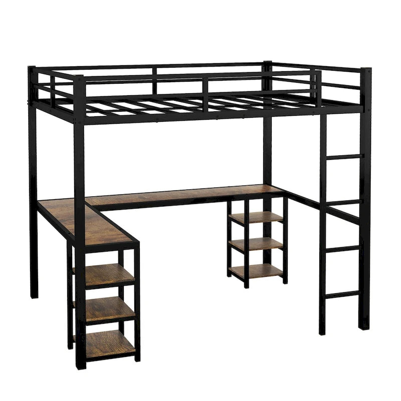Lit mezzanine en métal avec bureau et étagères