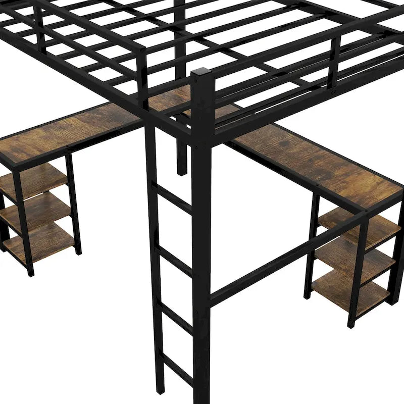Lit mezzanine en métal avec bureau et étagères