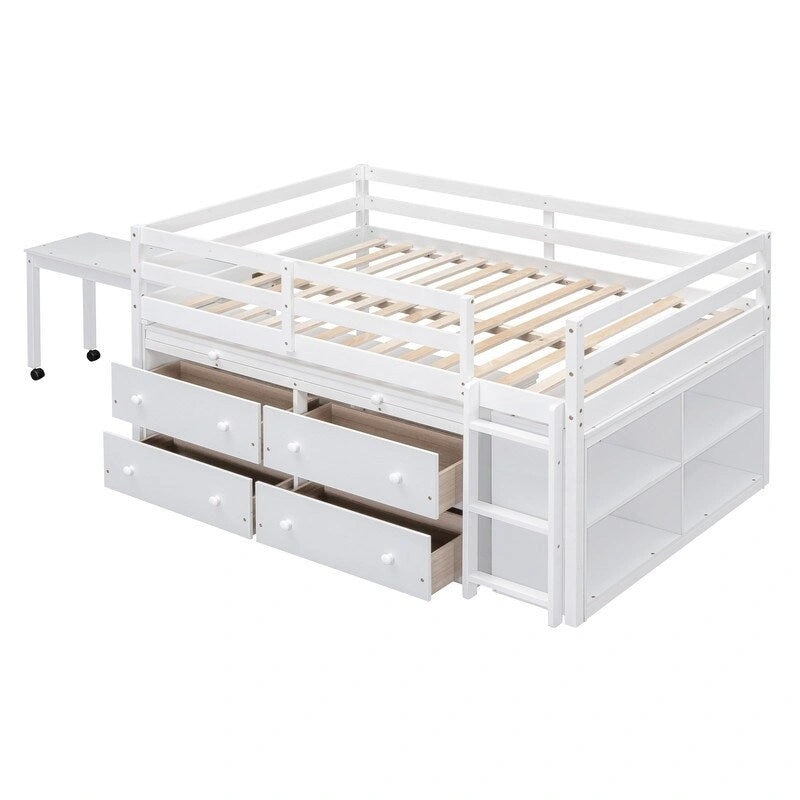 Lit mezzanine double avec bureau rétractable et 4 tiroirs