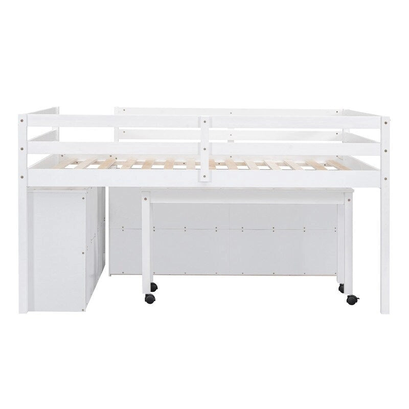 Lit mezzanine double avec bureau rétractable et 4 tiroirs