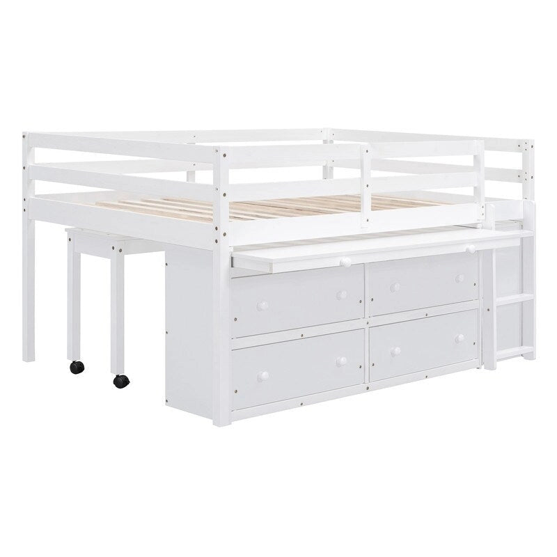 Lit mezzanine double avec bureau rétractable et 4 tiroirs