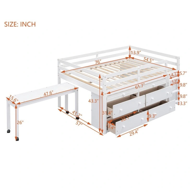 Lit mezzanine double avec bureau rétractable et 4 tiroirs