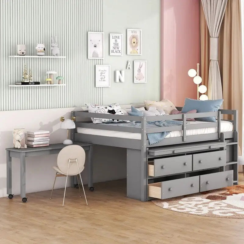 Lit mezzanine double avec bureau rétractable et 4 tiroirs