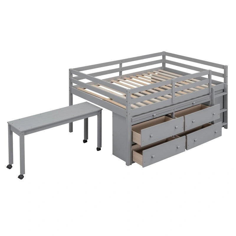 Lit mezzanine double avec bureau rétractable et 4 tiroirs