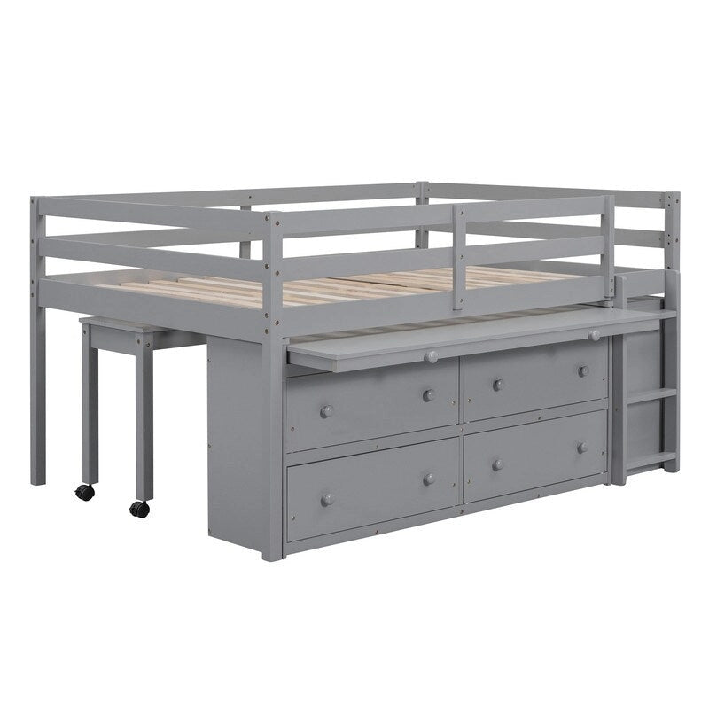 Lit mezzanine double avec bureau rétractable et 4 tiroirs