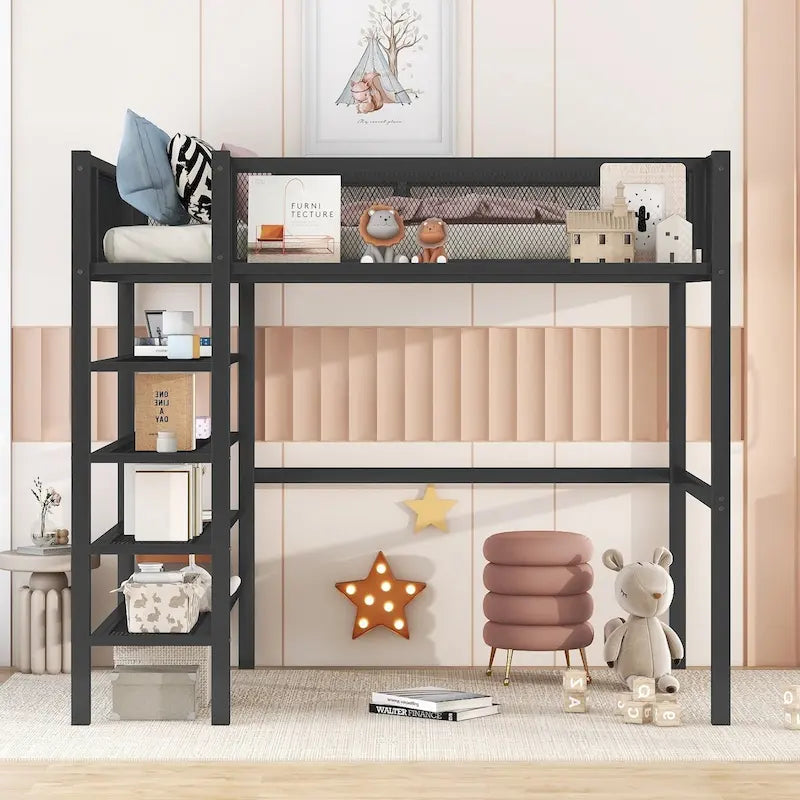 Lit mezzanine en métal pour lits jumeaux avec étagères à 4 niveaux et rangement