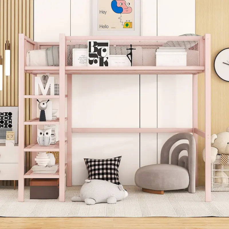Lit mezzanine en métal pour lits jumeaux avec étagères à 4 niveaux et rangement