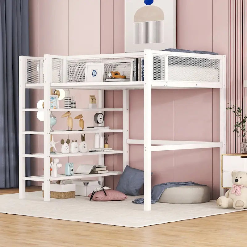 Twin Size Metal Loft Bed with 4-Tier Shelves and Storage