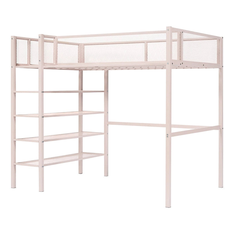 Lit mezzanine en métal pour lits jumeaux avec étagères à 4 niveaux et rangement