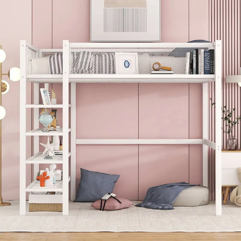 Lit mezzanine en métal pour lits jumeaux avec étagères à 4 niveaux et rangement