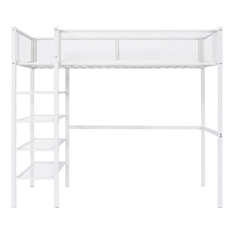 Lit mezzanine en métal pour lits jumeaux avec étagères à 4 niveaux et rangement