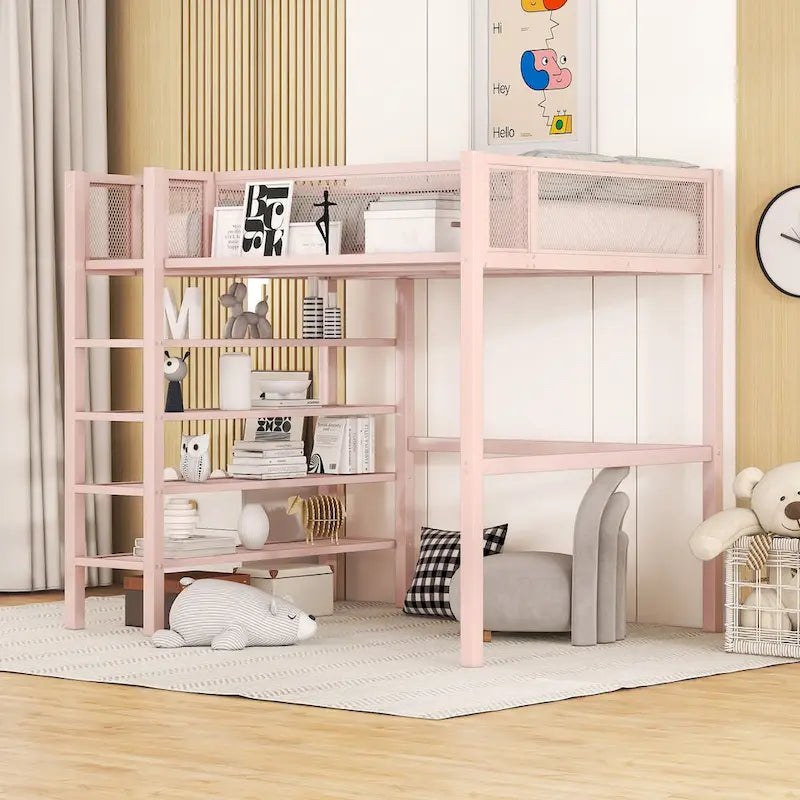Lit mezzanine en métal pour lits jumeaux avec étagères à 4 niveaux et rangement