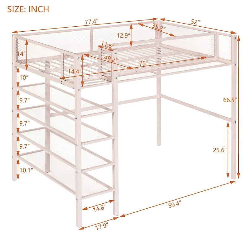 Lit mezzanine en métal pour lits jumeaux avec étagères à 4 niveaux et rangement