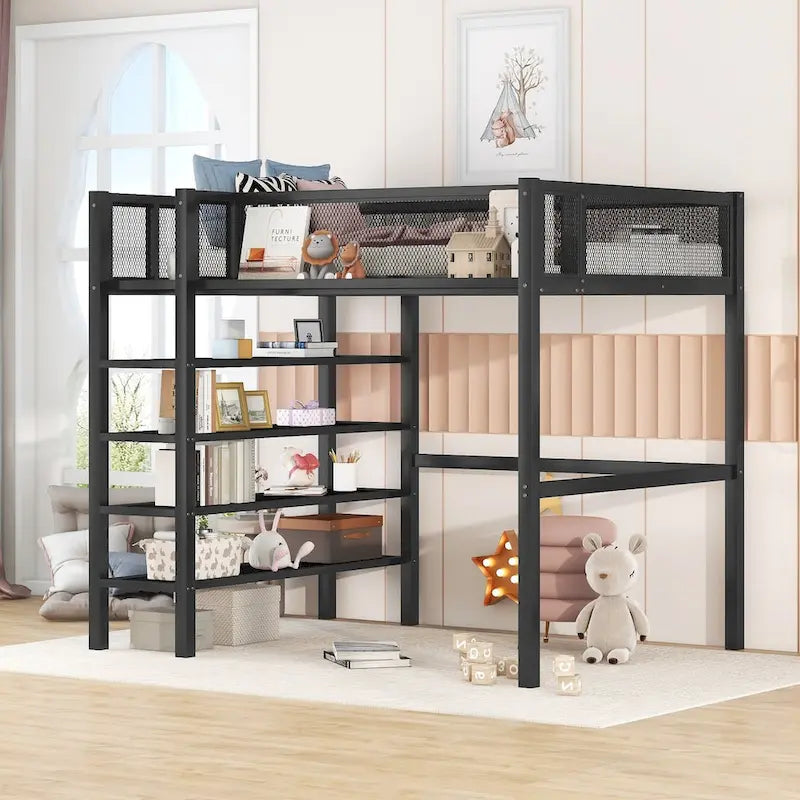 Lit mezzanine en métal pour lits jumeaux avec étagères à 4 niveaux et rangement