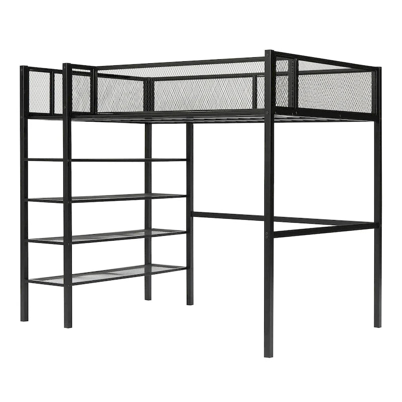 Lit mezzanine en métal pour lits jumeaux avec étagères à 4 niveaux et rangement