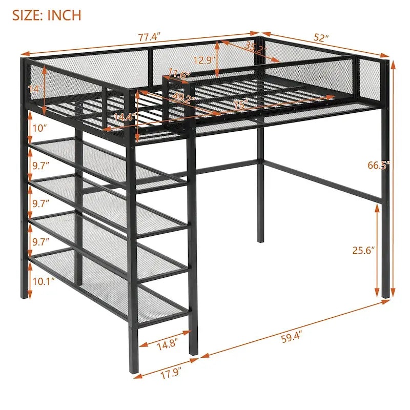 Lit mezzanine en métal pour lits jumeaux avec étagères à 4 niveaux et rangement