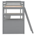 Gray Modern Pine Wood Loft Bed with Desk, Shelves, and Two Built-in Drawers