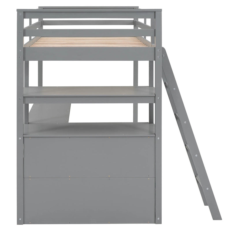 Gray Modern Pine Wood Loft Bed with Desk, Shelves, and Two Built-in Drawers