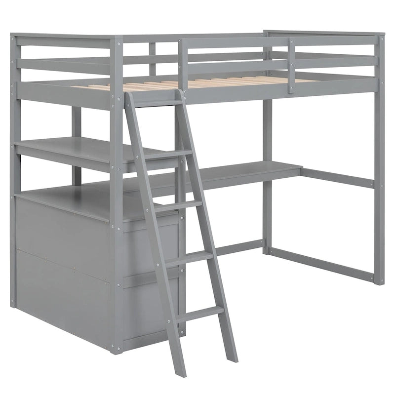 Lit mezzanine gris en pin moderne avec bureau, étagères et deux tiroirs intégrés