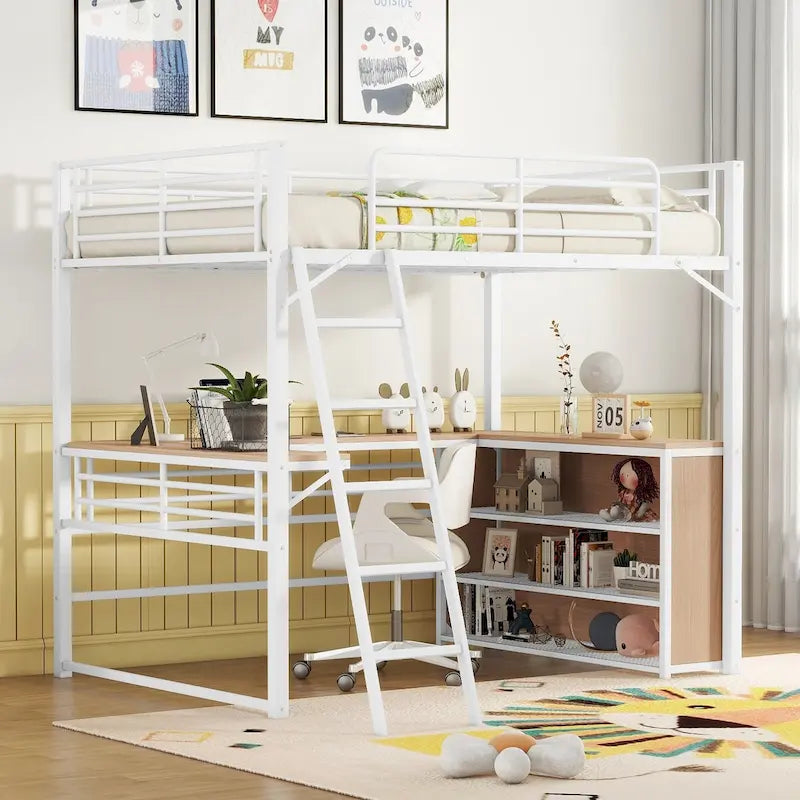 Lit mezzanine en métal blanc avec bureau en L et 3 étagères, échelle réversible