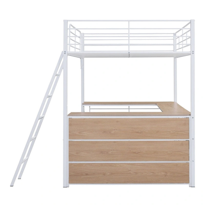 Lit mezzanine en métal blanc avec bureau en L et 3 étagères, échelle réversible