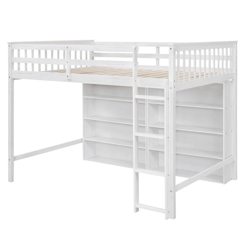 Lit mezzanine double avec étagères de rangement, cadre de lit mezzanine en bois avec bibliothèque, lit mezzanine haut avec échelle pour enfants garçons filles adolescents