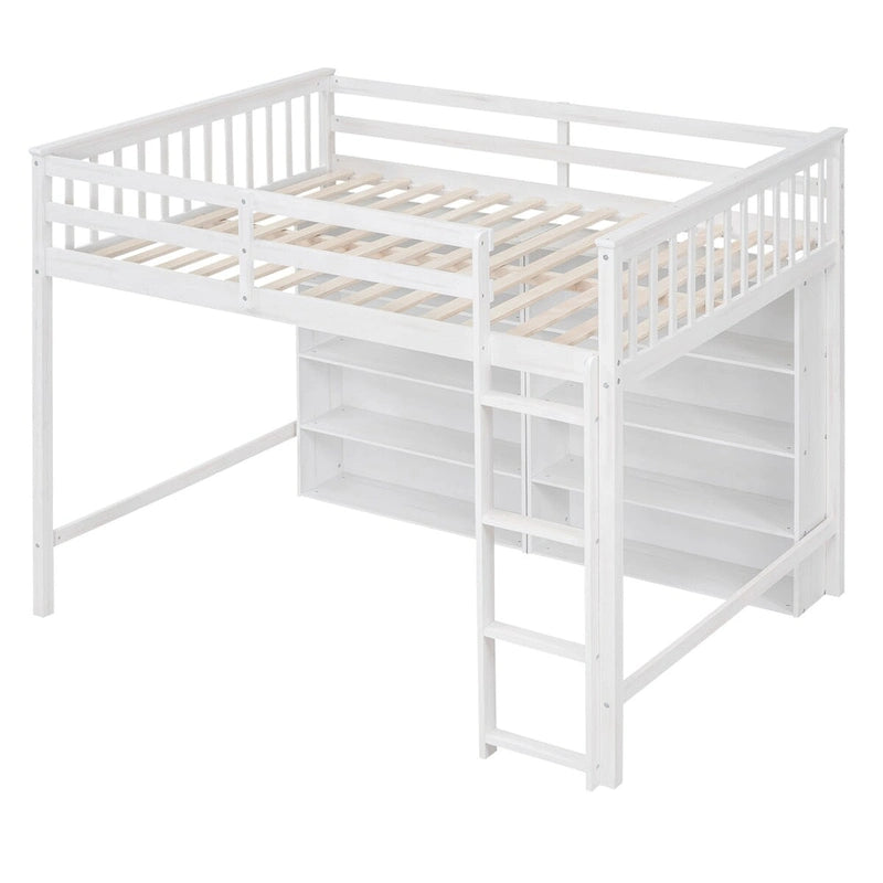 Lit mezzanine double avec étagères de rangement, cadre de lit mezzanine en bois avec bibliothèque, lit mezzanine haut avec échelle pour enfants garçons filles adolescents