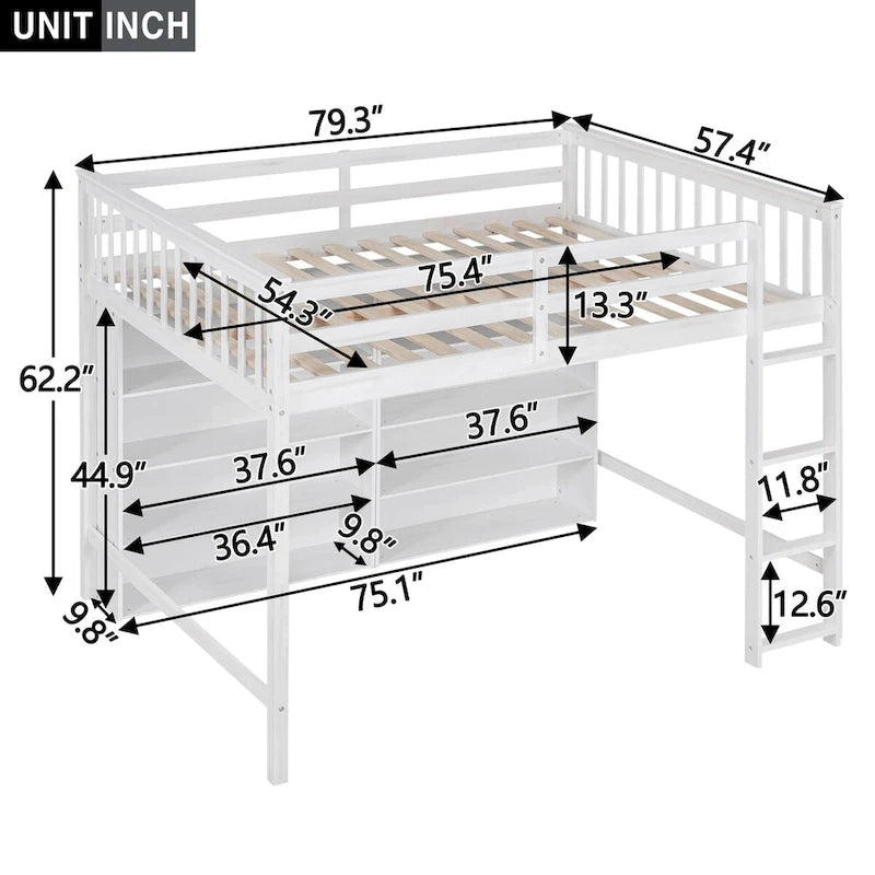 Lit mezzanine double avec étagères de rangement, cadre de lit mezzanine en bois avec bibliothèque, lit mezzanine haut avec échelle pour enfants garçons filles adolescents