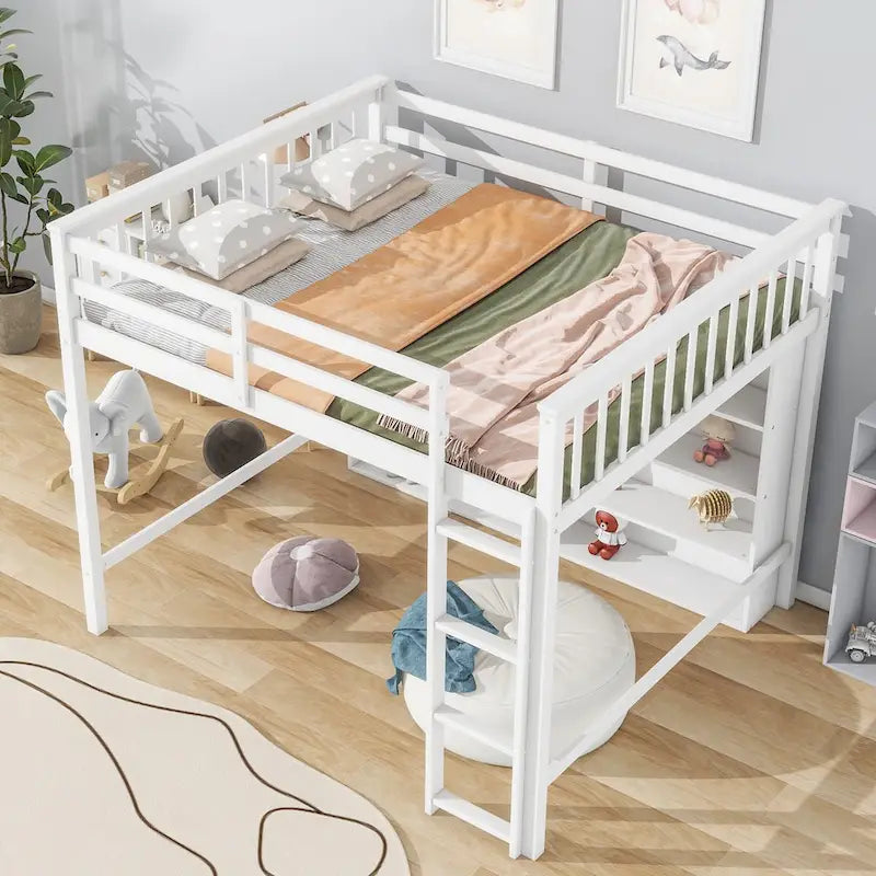 Lit mezzanine double avec étagères de rangement, cadre de lit mezzanine en bois avec bibliothèque, lit mezzanine haut avec échelle pour enfants garçons filles adolescents