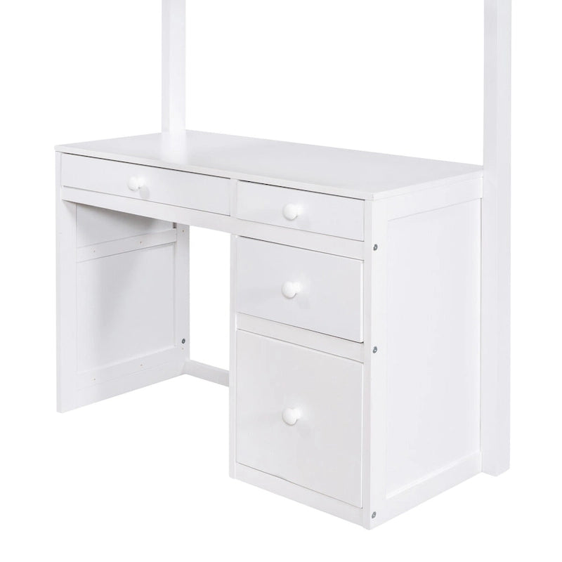 Lit mezzanine blanc en bois massif de taille double, équipé d'un escalier et d'un bureau intégré, avec étagères et plusieurs tiroirs de rangement.