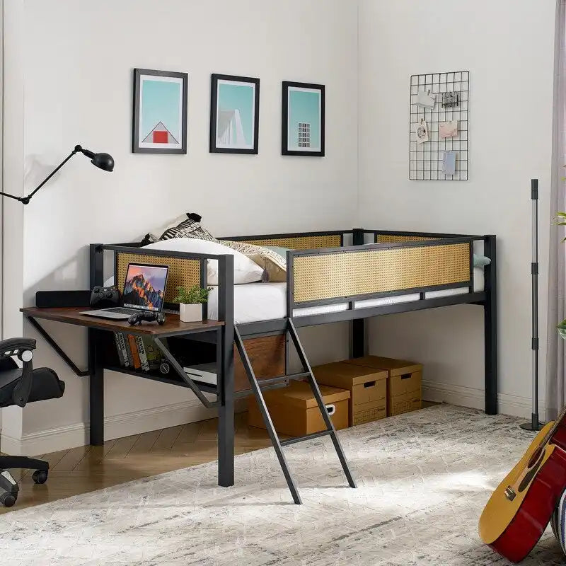 Lit mezzanine en métal de taille double avec bureau rectangulaire, lumières LED et étagères de rangement