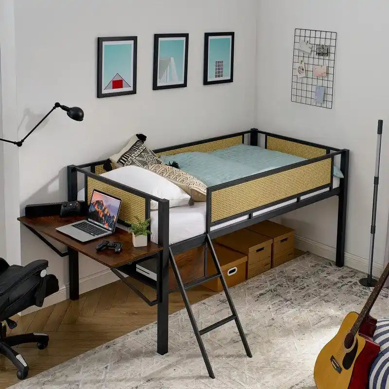 Lit mezzanine en métal de taille double avec bureau rectangulaire, lumières LED et étagères de rangement